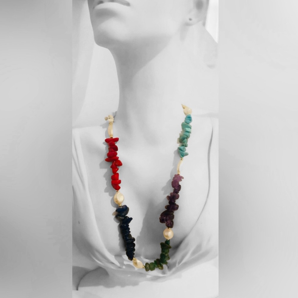 Natural Multi-Gemstone Biwa Pearl Necklace